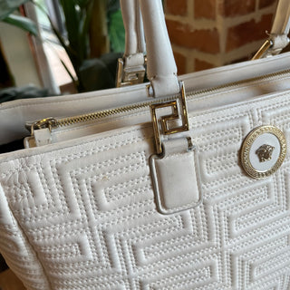 VERSACE White Greca Embroidered Leather Zip Tote