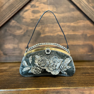 VALENTINO Gray Floral Beaded Evening Bag