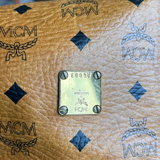 MCM Cognac Visetos Tan Canvas Barrel Crossbody Bag