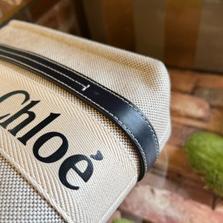 CHLOE Woody Logo Strap Linen Tote