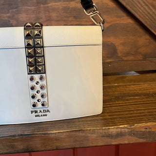 PRADA Small Elektra White Saffiano City Calfskin Studded Crossbody Bag