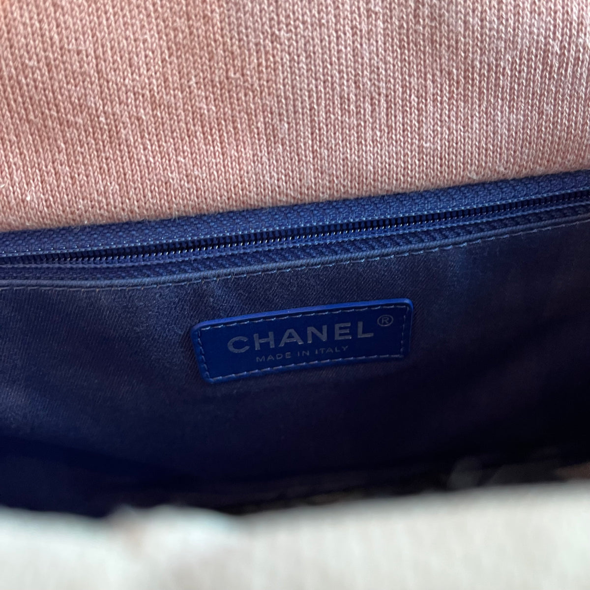 CHANEL Pink Quilted Striped Jersey Medium Flap Bag