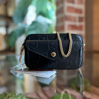 GUCCI Black Super Mini Pochette Black GG Embossed Leather Crossbody Bag