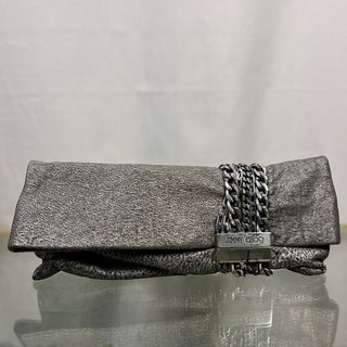 JIMMY CHOO Chandra Gray Suede Chain Fold-Over Clutch