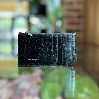 SAINT LAURENT Black Croc Embossed Leather Wallet