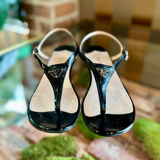 PRADA Black Patent Leather Sandal Wedges 37.5(7.5US)