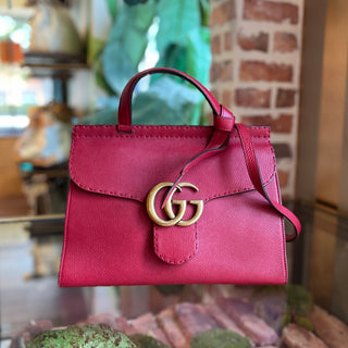 GUCCI GG Marmont Red Pebbled Leather Top Handle Bag