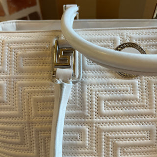 VERSACE White Greca Embroidered Leather Zip Tote