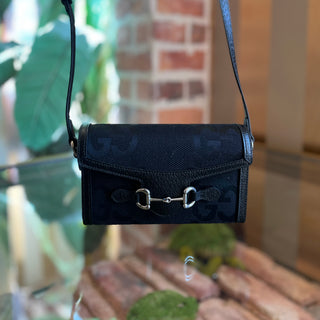 GUCCI Horsebit 1955 Black Jumbo GG Monogram Canvas Crossbody Bag