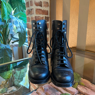 CHANEL Black Calfskin Leather Lace Up Combat Boots SZ37.5(7.5US)