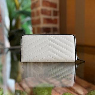 SAINT LAURENT Black White Grain De Poudre Chevron Quilt Wallet