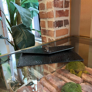SAINT LAURENT Uptown Black Calfskin Crocodile Embossed Monogram Clutch
