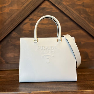 PRADA Medium Logo Embossed White Saffiano Lux Leather Shoulder Tote