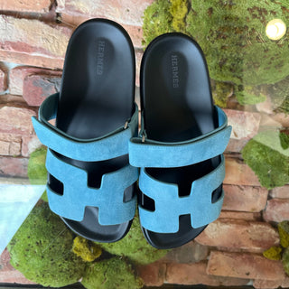 HERMES Chypre Blue Suede Goatskin Sandals SZ39(9US)