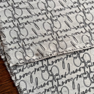 BURBERRY Gray Silk Logo Script Scarf