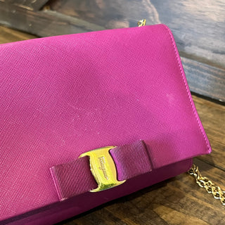 SALVATORE FERRAGAMO Vara Bow Purple Hammered Calfskin Leather Shoulder Bag