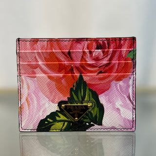 PRADA Floral Print Saffiano Card Holder