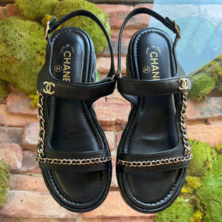 CHANEL Black Quilted Leather Platform Sandals SZ 39 (US 9)