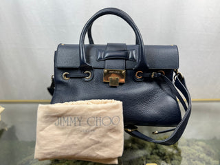 JIMMY CHOO Rosalie Navy Blue Calfskin Leather Top-Handle Bag