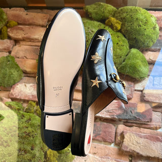 GUCCI Princetown Leather Bee Embroidered Mule Flats SZ37(7US)