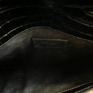 SAINT LAURENT Uptown Black Calfskin Crocodile Embossed Monogram Clutch