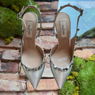 VALENTINO Rockstud Metallic Silver Leather Slingback Heels SZ 35 (US 5)