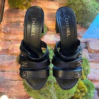 CHANEL Black Leather CC Turn Lock Block Heel Sandals SZ 39.5 (US 9.5)