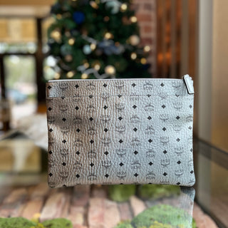 MCM Pouch Silver Visetos Canvas Zip Clutch