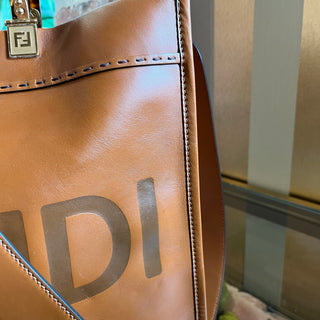 FENDI Sunshine Shopper Medium Brown Smooth Calfskin Embossed Leather Tote