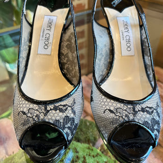 JIMMY CHOO Peep Toe Lace Black Heels SZ38