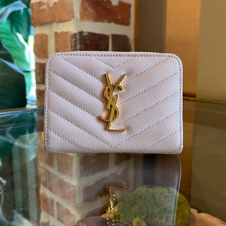 SAINT LAURENT Cassandre Matelassé Dark Beige Grain De Poudre Leather Compact Wallet