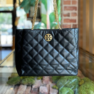 TORY BURCH Willa Black Leather Quilted Tote