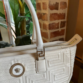 VERSACE White Greca Embroidered Leather Zip Tote
