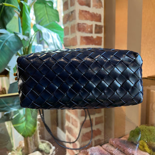 BOTTEGA VENETA Navy Blue Patent Intrecciato Small Loop Camera Bag