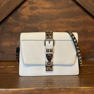 PRADA Small Elektra White Saffiano City Calfskin Studded Crossbody Bag