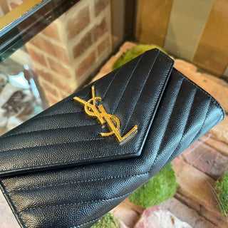 SAINT LAURENT Cassandre Black Grain De Poudre YSL Monogram Flap Wallet