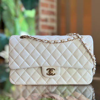 CHANEL Double Flap Classic Medium White Quilted Lambskin Leather Shoulder Bag