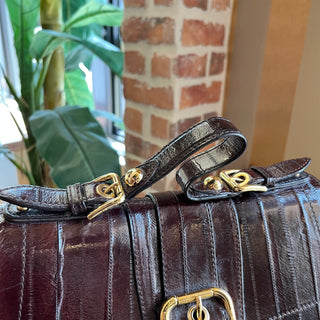 DOLCE & GABBANA Vintage Brown Striped Patent Leather Top Handle Bag