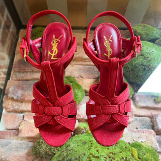 SAINT LAURENT Red Suede Glitter Tribute Heels SZ 36 (US 6)