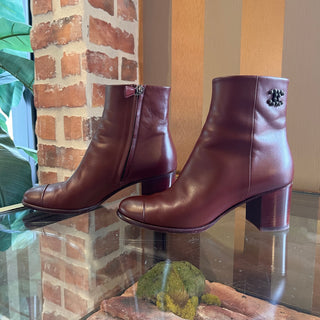CHANEL CC Burgundy Leather Booties SZ 36.5 (US 6.5)