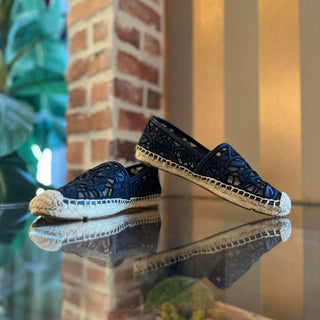 TORY BURCH Navy Lazer Cut Mesh Espadrilles SZ 7