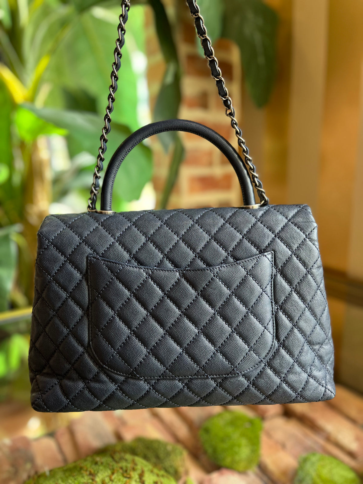 CHANEL Navy Blue Caviar Quilted Leather Large Coco Top Handle Flap Bag