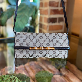 GUCCI Bamboo Bar Beige GG Web Crossbody Clutch Bag