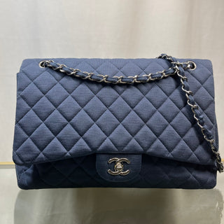 CHANEL Single Flap Jumbo Blue Jersey Shoulder Bag TS3774