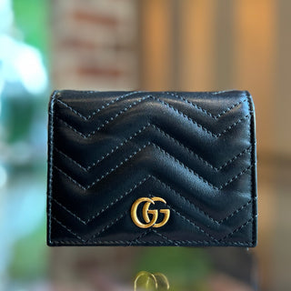 GUCCI Black Matelasse Chevron Leather GG Marmont Compact Wallet