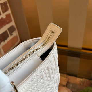 VERSACE White Greca Embroidered Leather Zip Tote
