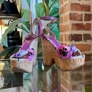 JIMMY CHOO Purple Gleam Printed Cork Wedge Sandals SZ37(7US)