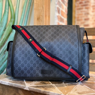 GUCCI Black Grey GG Supreme Monogram Web Messenger Diaper Bag