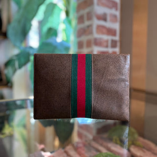 GUCCI Sherry Line Brown Leather Web Vintage Clutch Bag