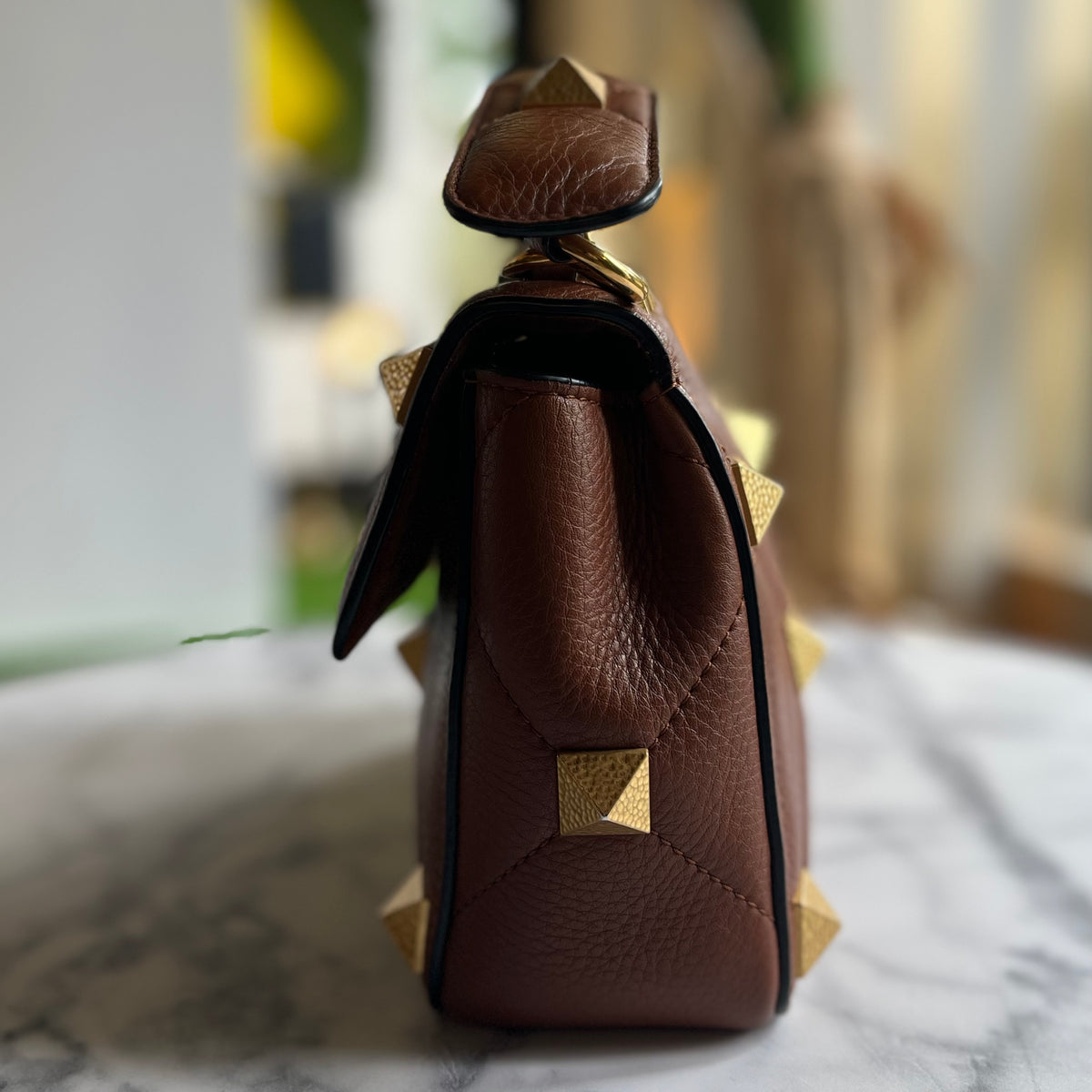 VALENTINO Brown Leather Roman Stud Medium Shoulder Bag